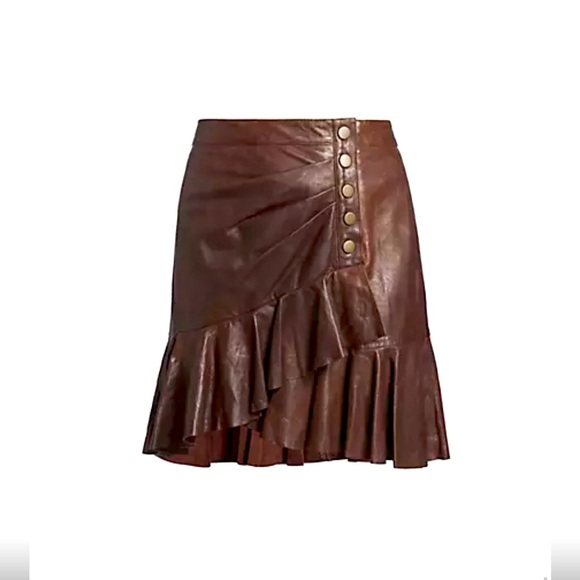 Veronica Beard 'Saba' Flounce-Hem Leather Mini Skirt Brown
